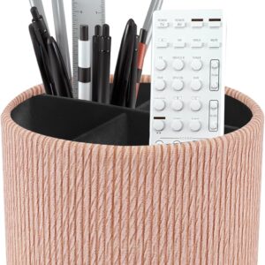 Round Leather Art Supply Organizer,Remote Control Holder,360 Degree Spinning,Multi-Functional Pencil Holder,4 Compartments Desktop Stationary Organizer(1-Wood Apricot)
